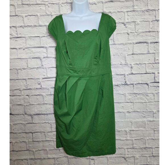 eShakti Dress Size 1X 16W Green Scallop Neck Cap Sleeves Side Zipper Pockets - Picture 1 of 16